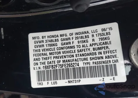2015 Honda Civic Se from USA, damaged, VIN 19XFB2F75FE265274